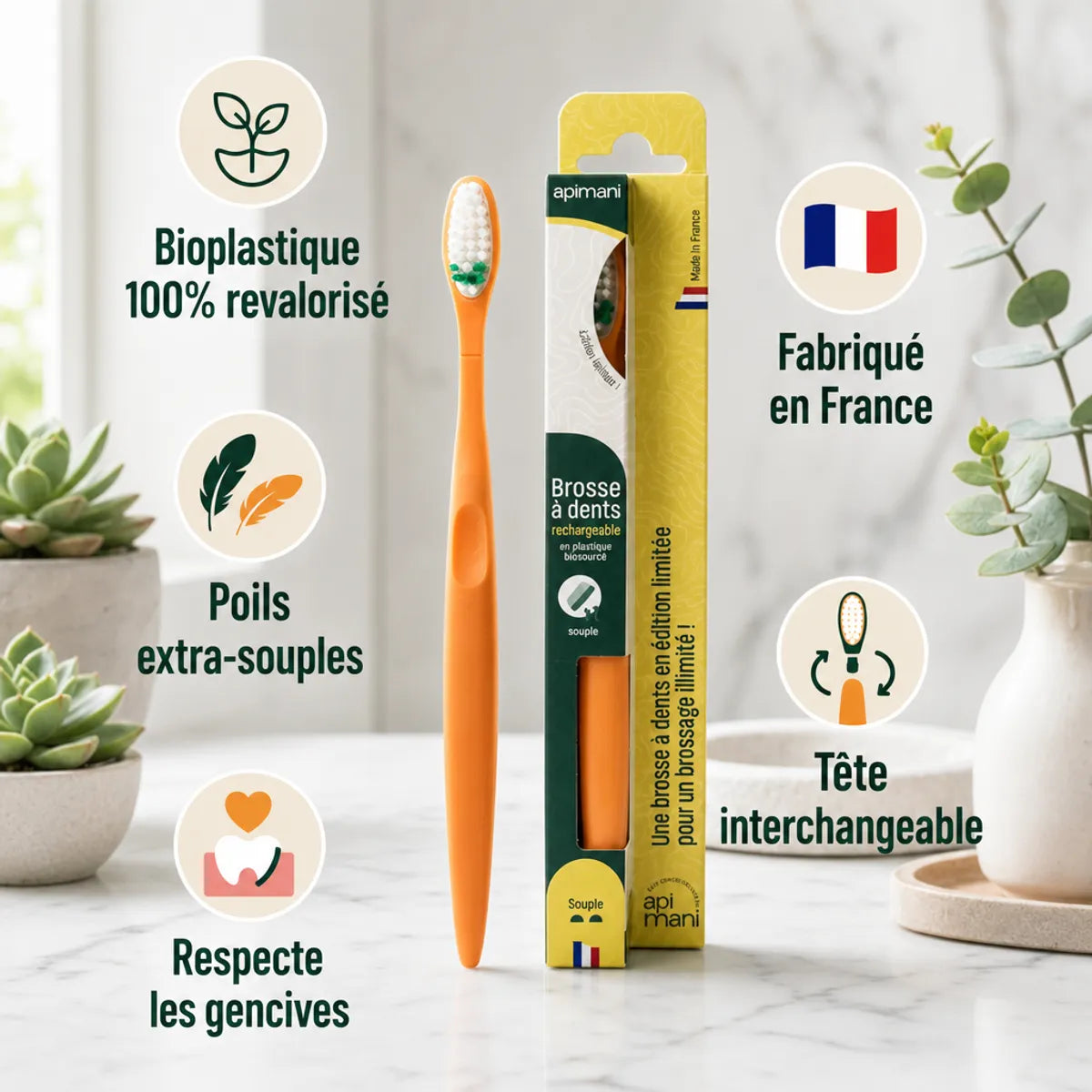 Brosse à dents Apimani bioplastique souple avec étui, fabriquée en France, poils extra-souples