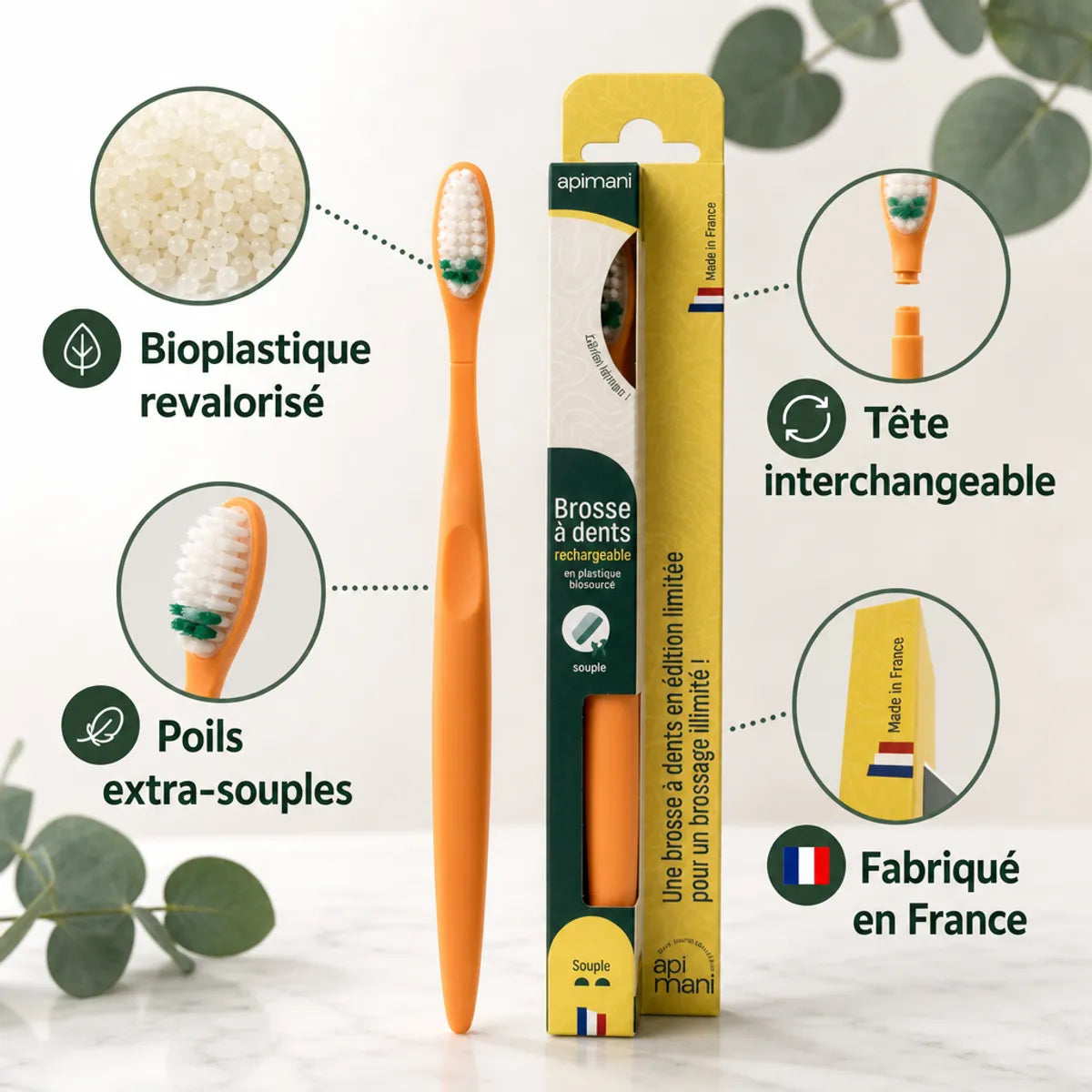 Brosse à dents Apimani en bioplastique souple avec étui, tête interchangeable, fabriqué en France