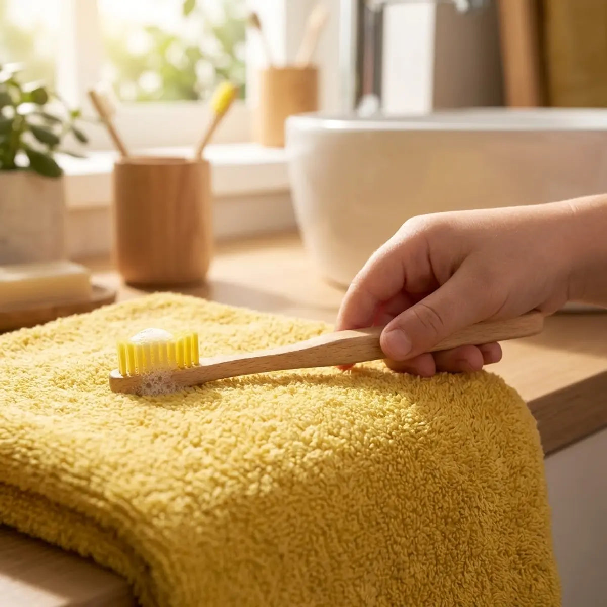 Brosse à dents bois enfant Apimani avec poils jaunes, étui écologique et design ergonomique