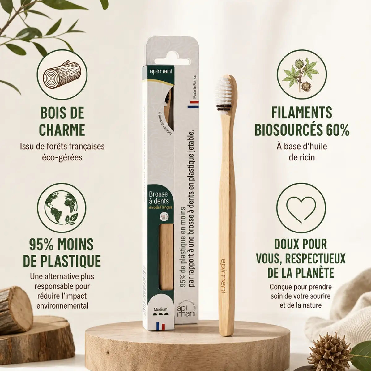 Brosse à dents bois medium Apimani avec filaments biosourcés et composition écologique