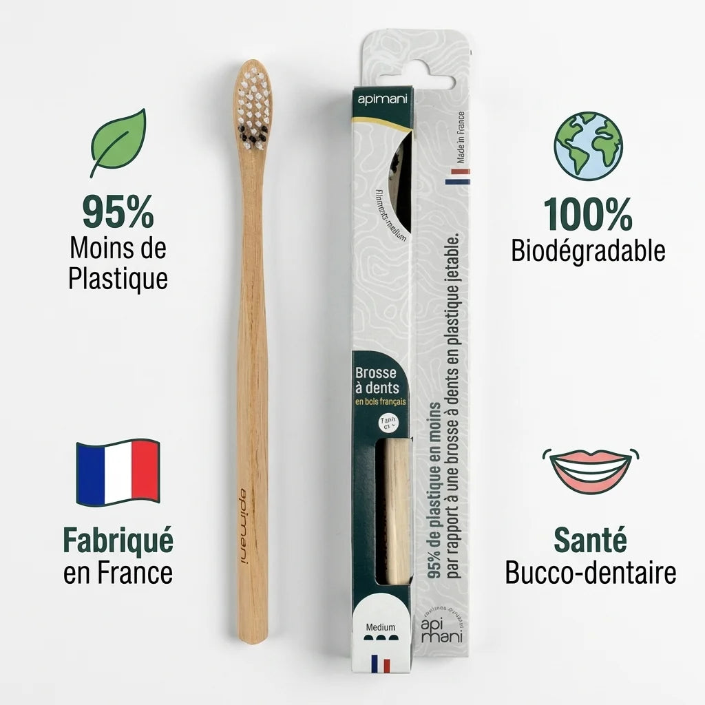 Brosse à dents en bois Apimani avec étui, 95% moins de plastique, 100% biodégradable, fabriquée en France