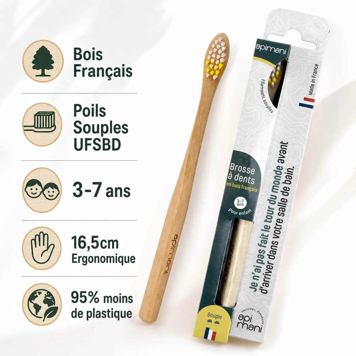 Brosse à dents en bois Apimani pour enfant 3-7 ans, bois français, poils souples, 95% moins de plastique