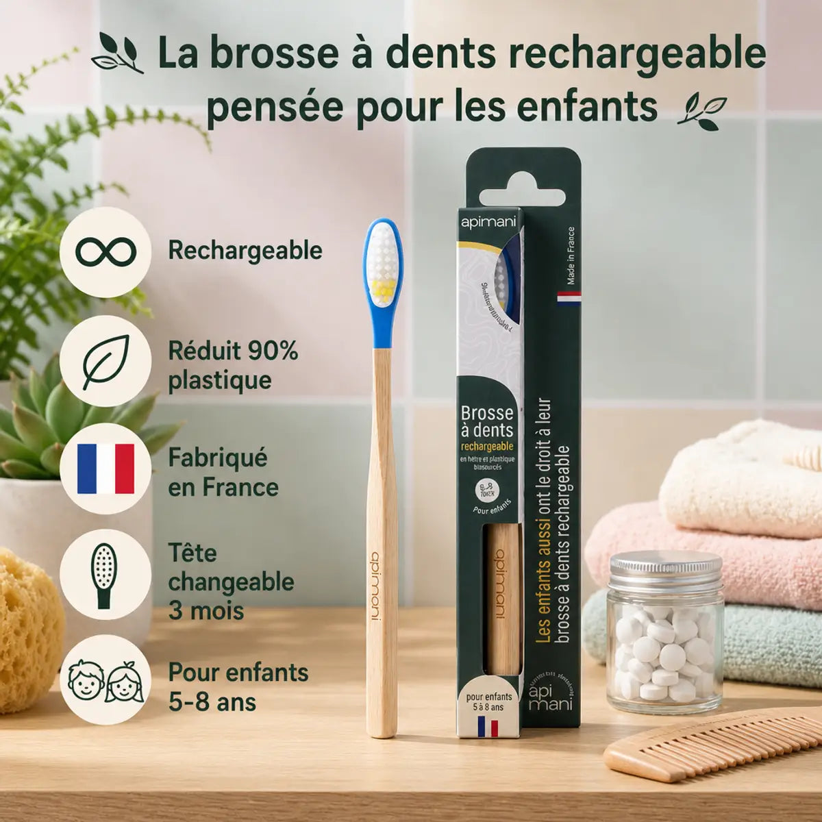 Brosse à dents en bois rechargeable Apimani pour enfants avec emballage et accessoires écologiques