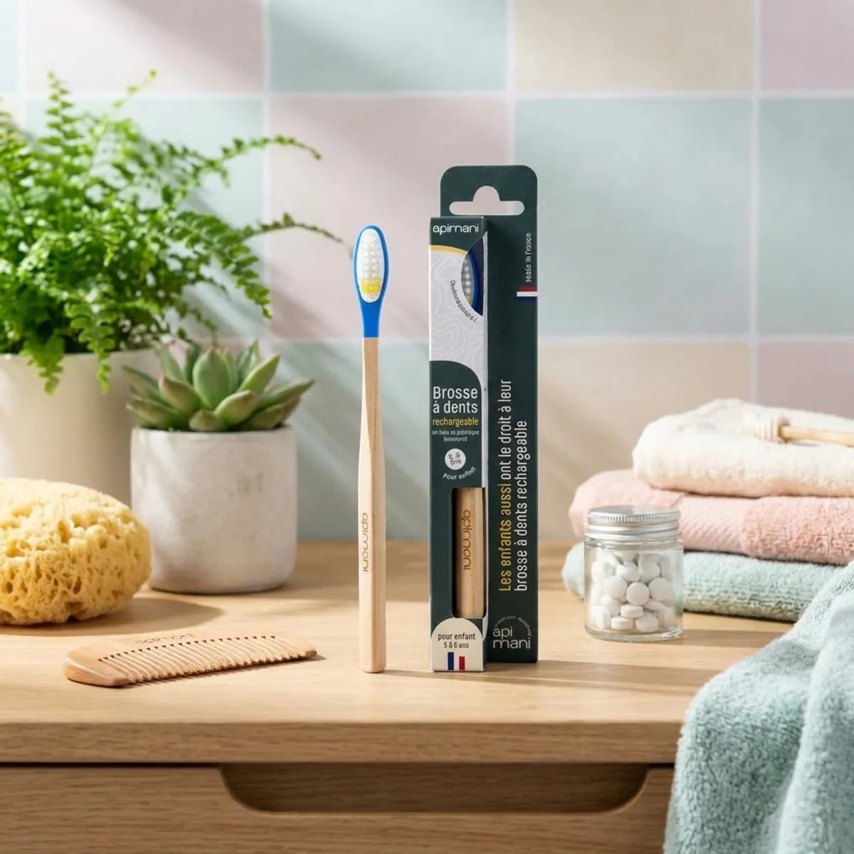 Brosse à dents en bois rechargeable Apimani pour enfants avec étui coton, design écologique
