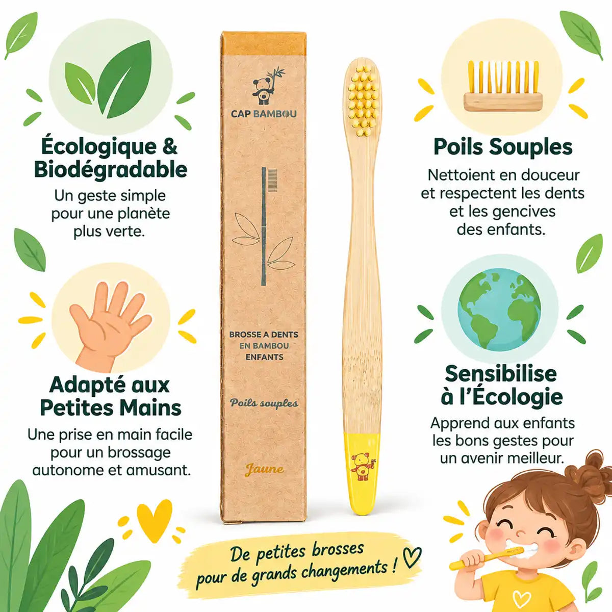 Brosse à dents enfant jaune Cap Bambou écologique avec poils souples adaptés aux petites mains