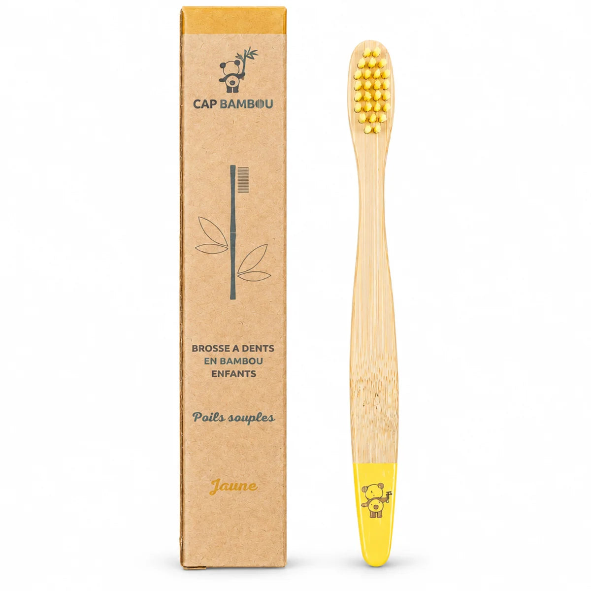 Brosse à dents enfant jaune Cap Bambou avec manche en bambou naturel et emballage kraft