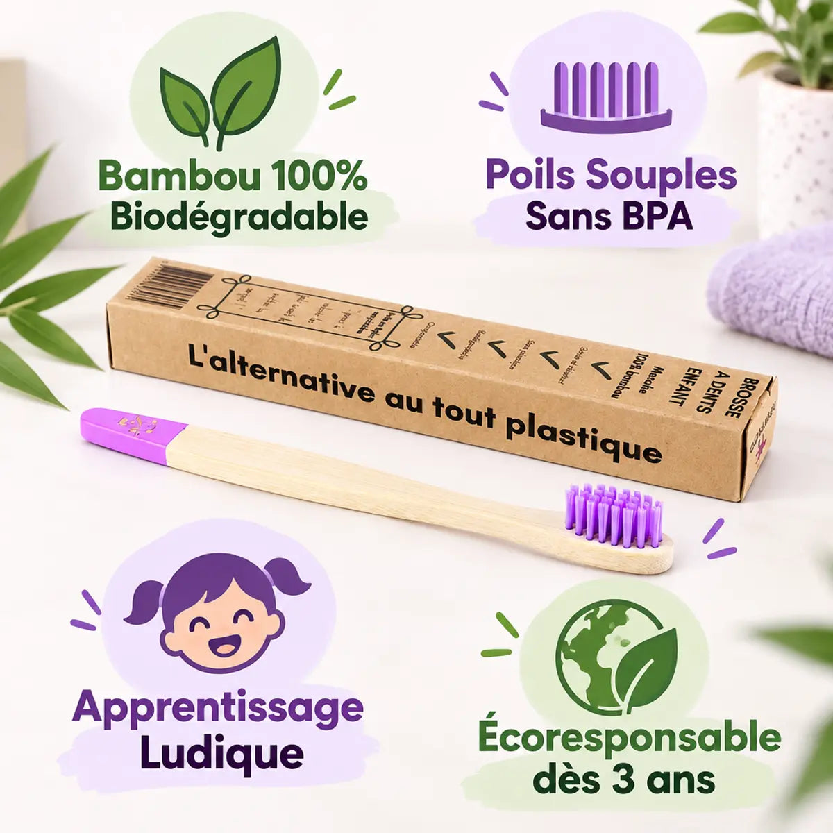 Brosse à dents enfant violette Cap Bambou biodégradable avec avantages écologiques et sans BPA