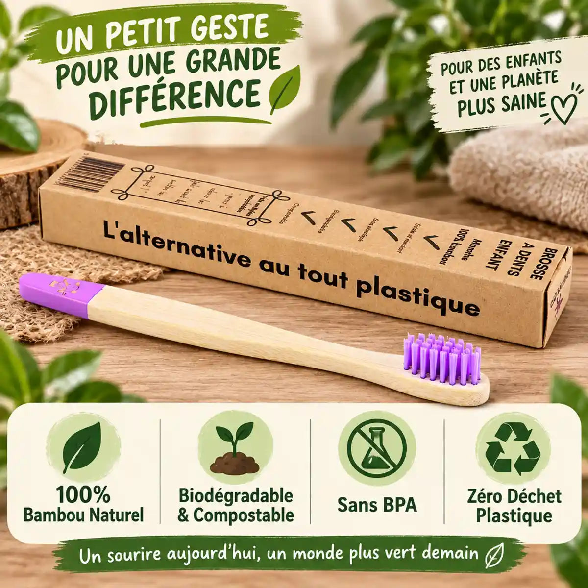 Brosse à dents enfants violette Cap Bambou avec manche bambou naturel, biodégradable et sans plastique