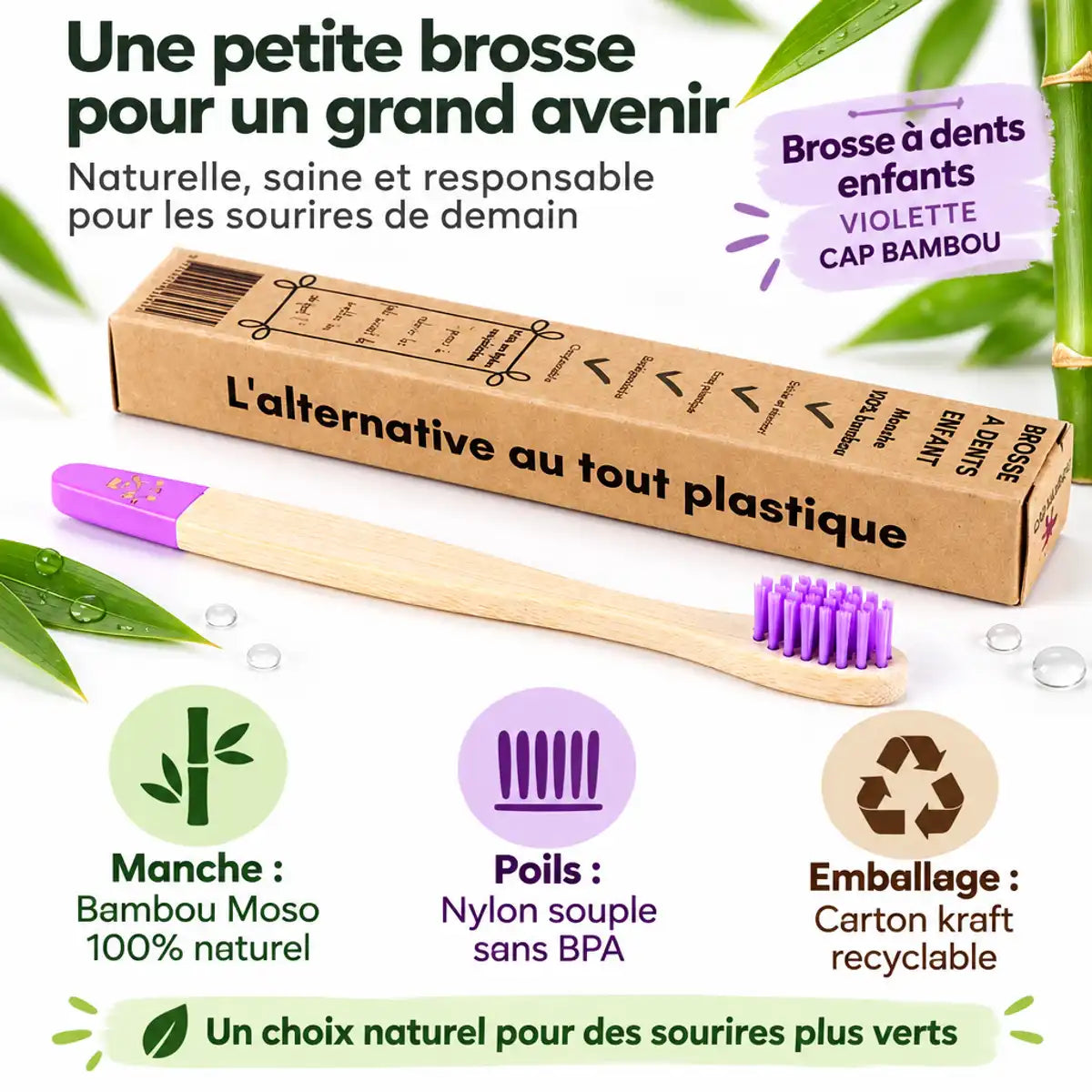 Brosse à dents enfant violette Cap Bambou avec manche bambou naturel et poils souples sans BPA