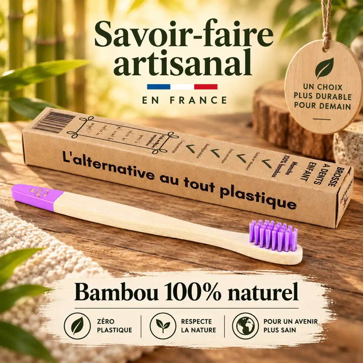 Brosse à dents enfants violette Cap Bambou avec manche bambou naturel et soies violettes