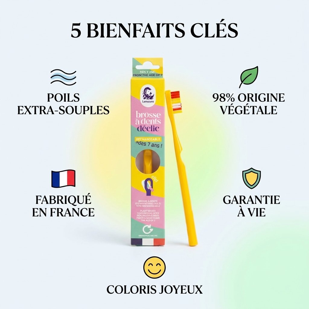 Brosse à dents rechargeable Lamazuna jaune enfant avec 5 bienfaits clés et packaging