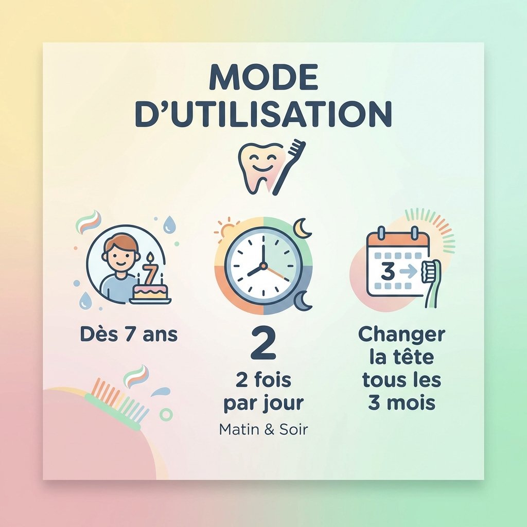 Guide d'utilisation brosse à dents rechargeable enfant Lamazuna, recommandations 7 ans et plus, 2 fois par jour