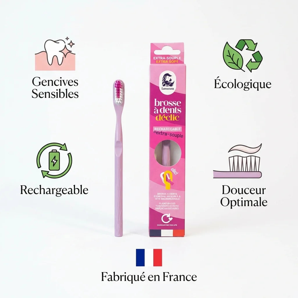 Brosse à dents rechargeable Lamazuna lilas extra souple avec avantages écologiques et gencives sensibles