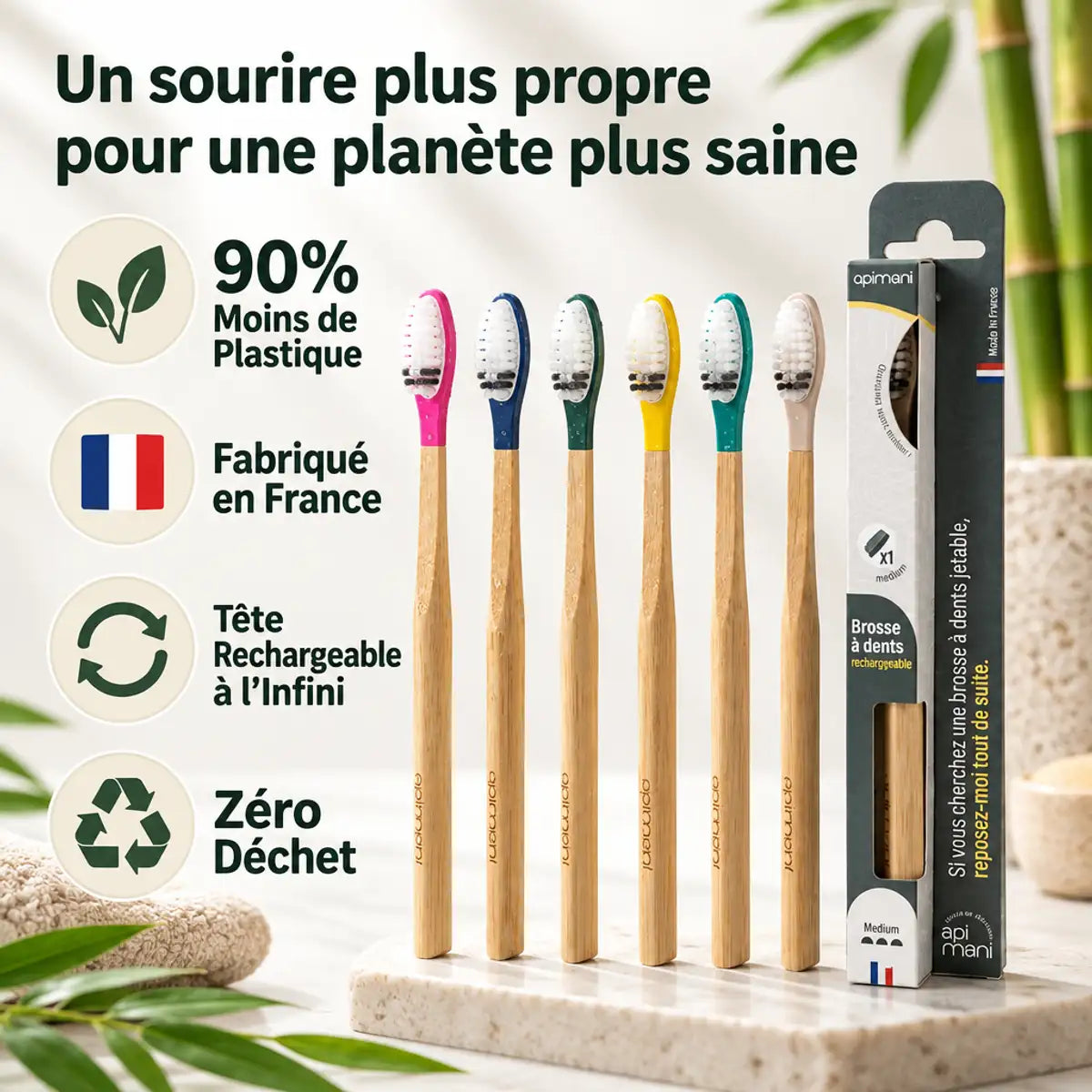 Brosse à dents rechargeable Apimani avec manche bois et tête colorée, 90% moins de plastique, fabriqué en France