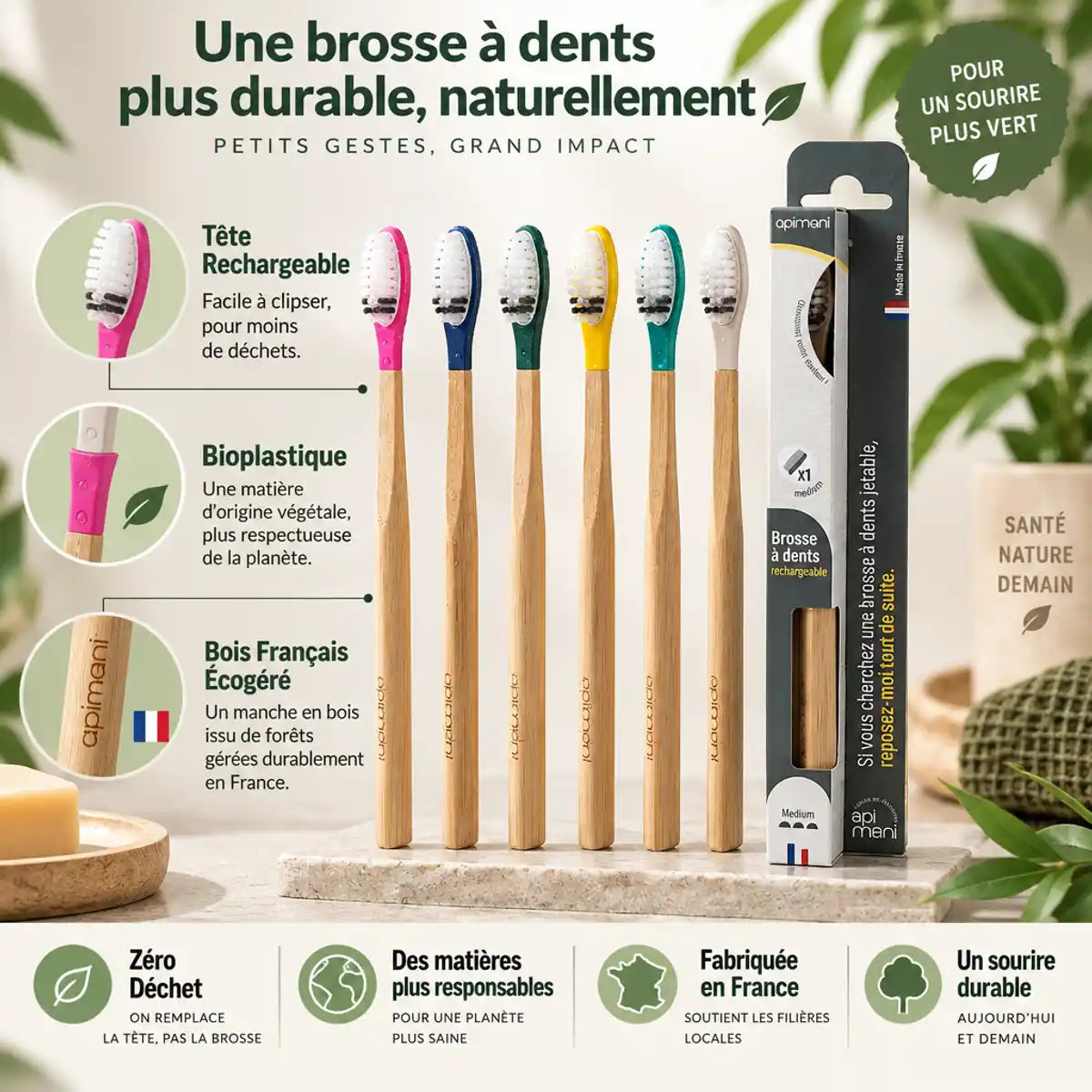 Brosse à dents rechargeable Apimani en bois français avec tête bioplastique remplaçable, zéro déchet