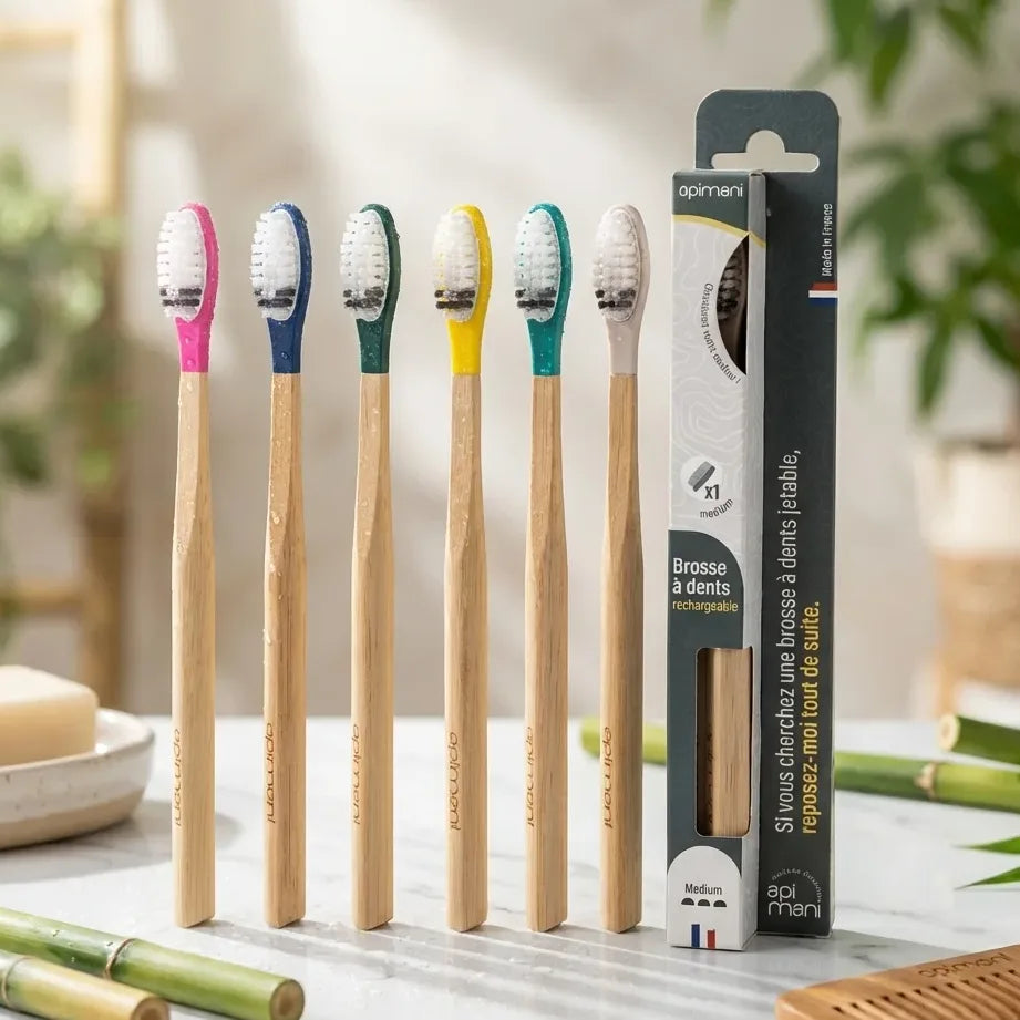 Brosse à dents rechargeable Apimani en bois avec tête interchangeable medium écologique