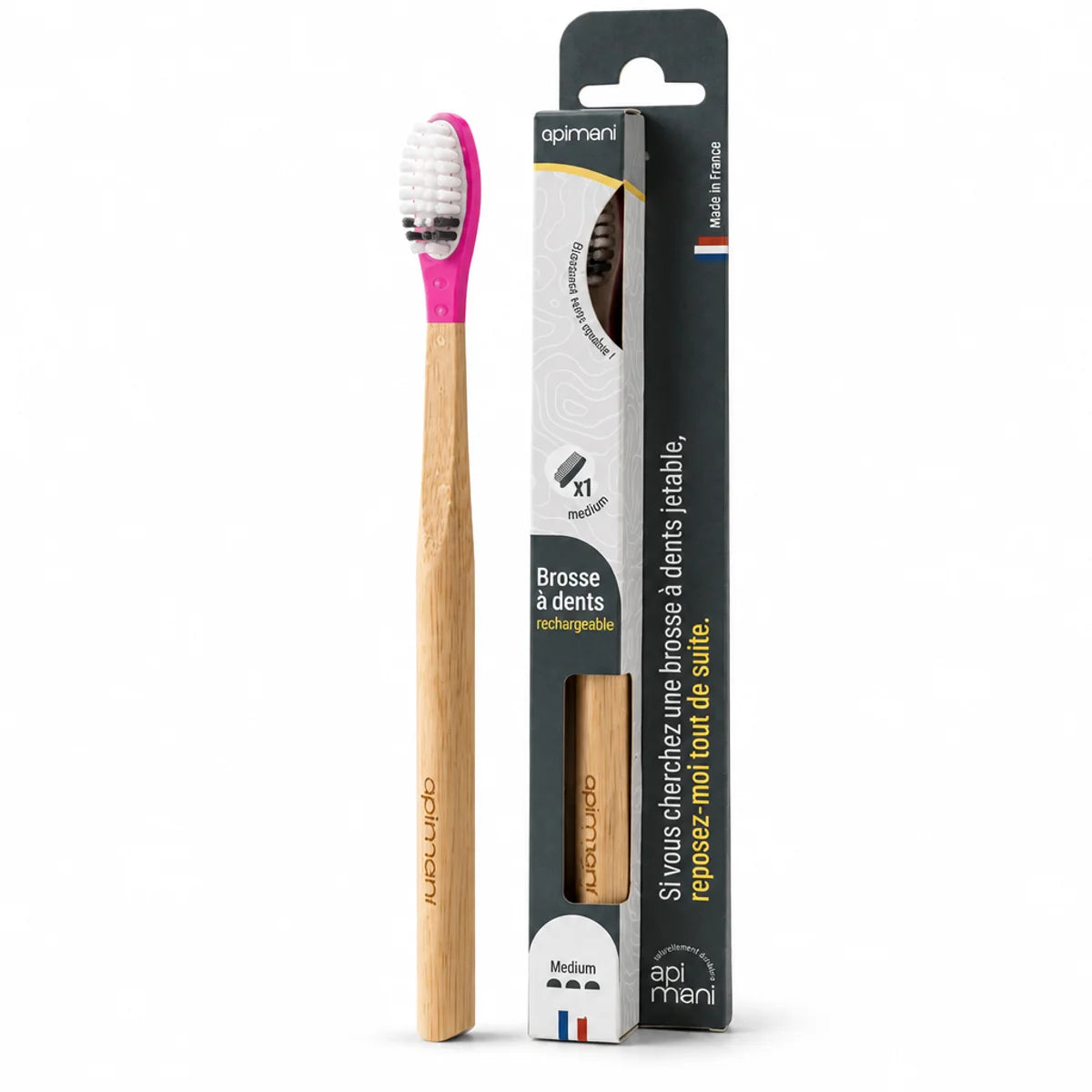 Brosse à dents rechargeable Apimani avec manche en bois et emballage noir