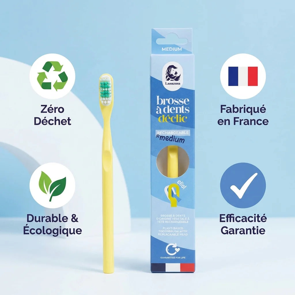 Brosse à dents rechargeable Lamazuna Déclic Medium mimosa - Zéro déchet, écologique et fabriquée en France