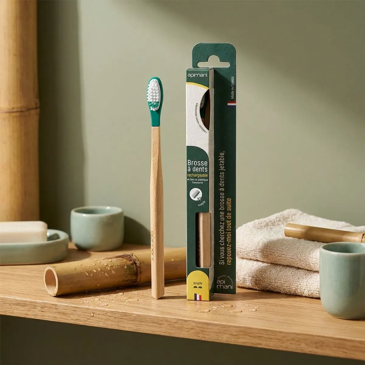 Brosse à dents rechargeable Apimani souple avec poils doux sur étagère en bois écologique