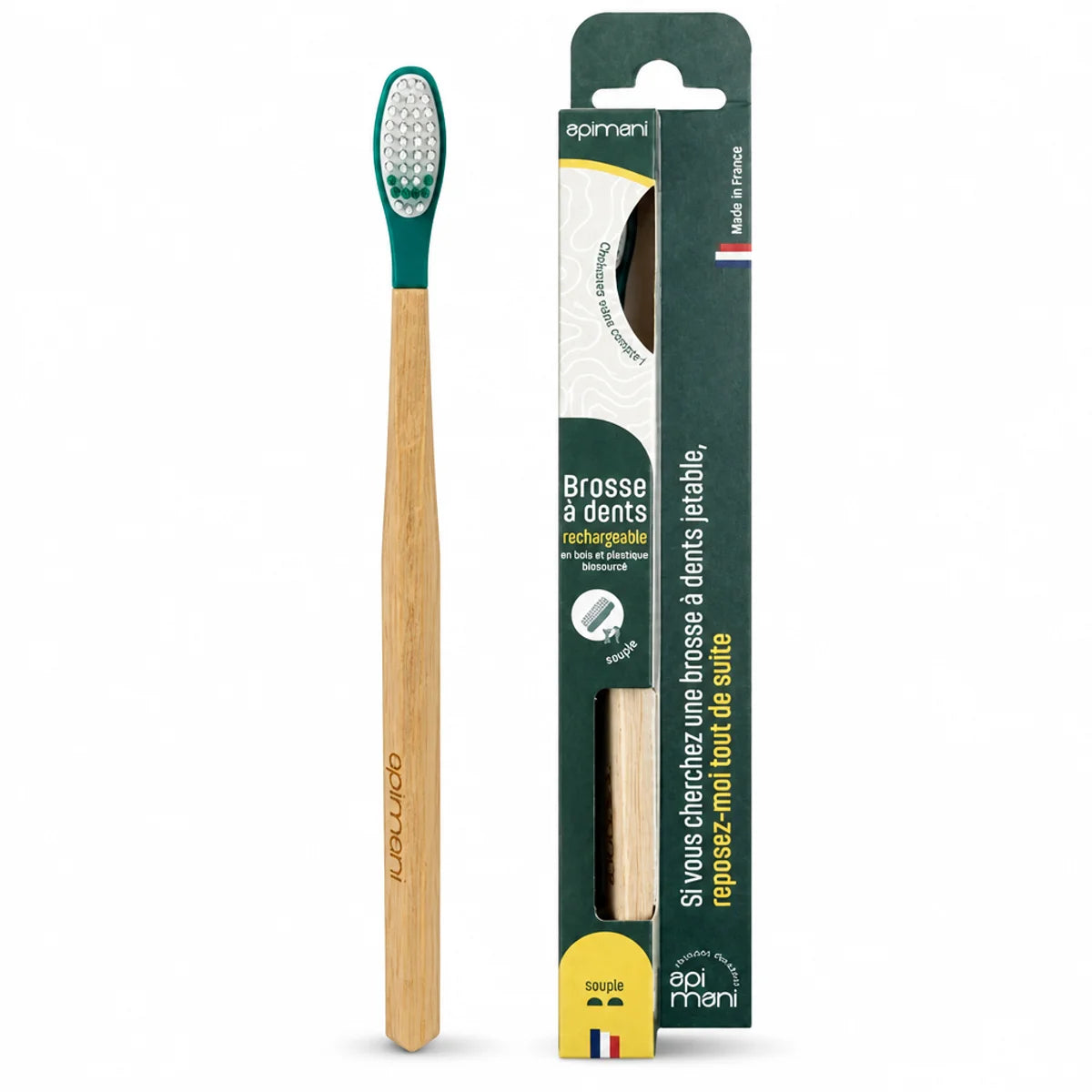 Brosse à dents rechargeable Apimani souple avec manche bois et tête remplaçable écologique