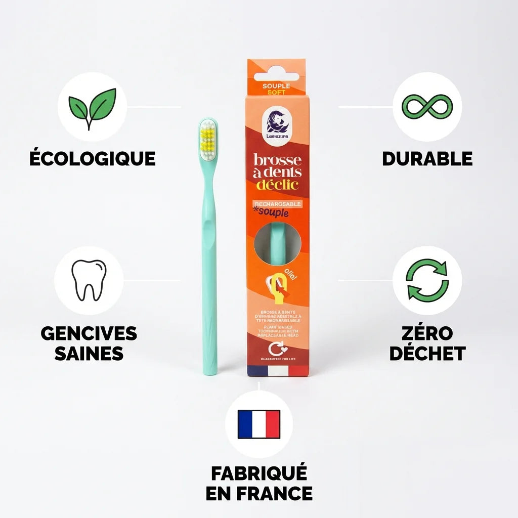 Brosse à dents rechargeable Lamazuna vert d'eau avec ses 5 avantages : écologique, durable, gencives saines, zéro déchet, fabriqué en France