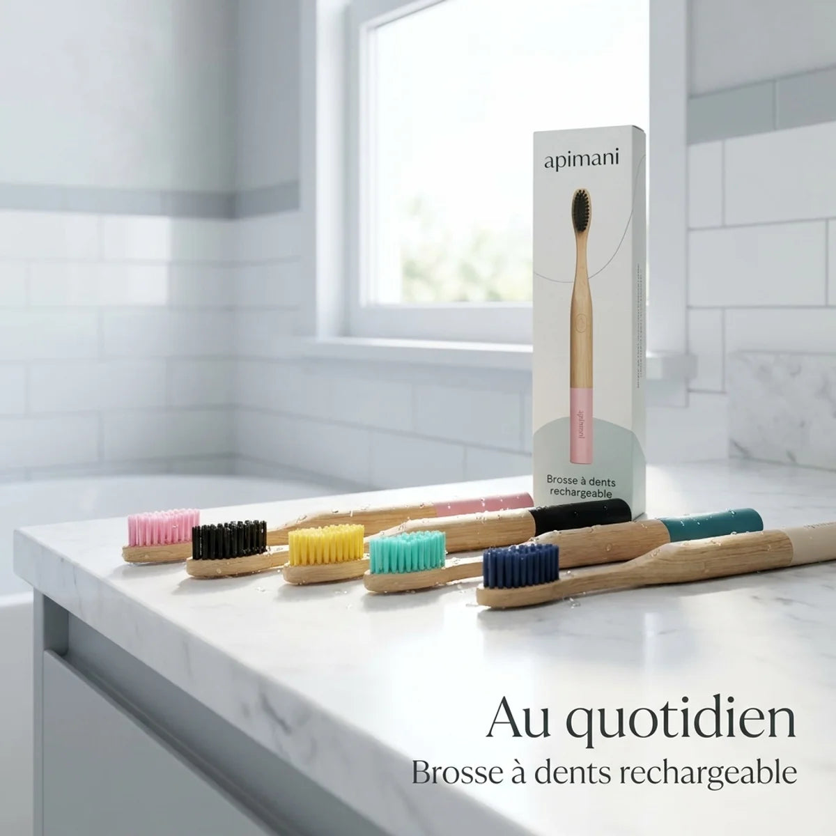 Brosse à dents rechargeable Apimani avec manche en bois et têtes colorées interchangeables