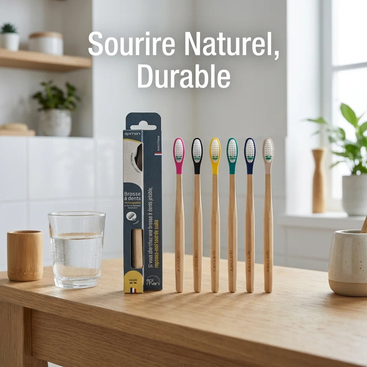 Brosse à dents rechargeable Apimani en bois avec têtes colorées sur surface naturelle