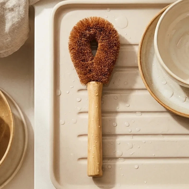 Brosse à vaisselle écologique fibre de coco et bambou Bambaw dans un évier