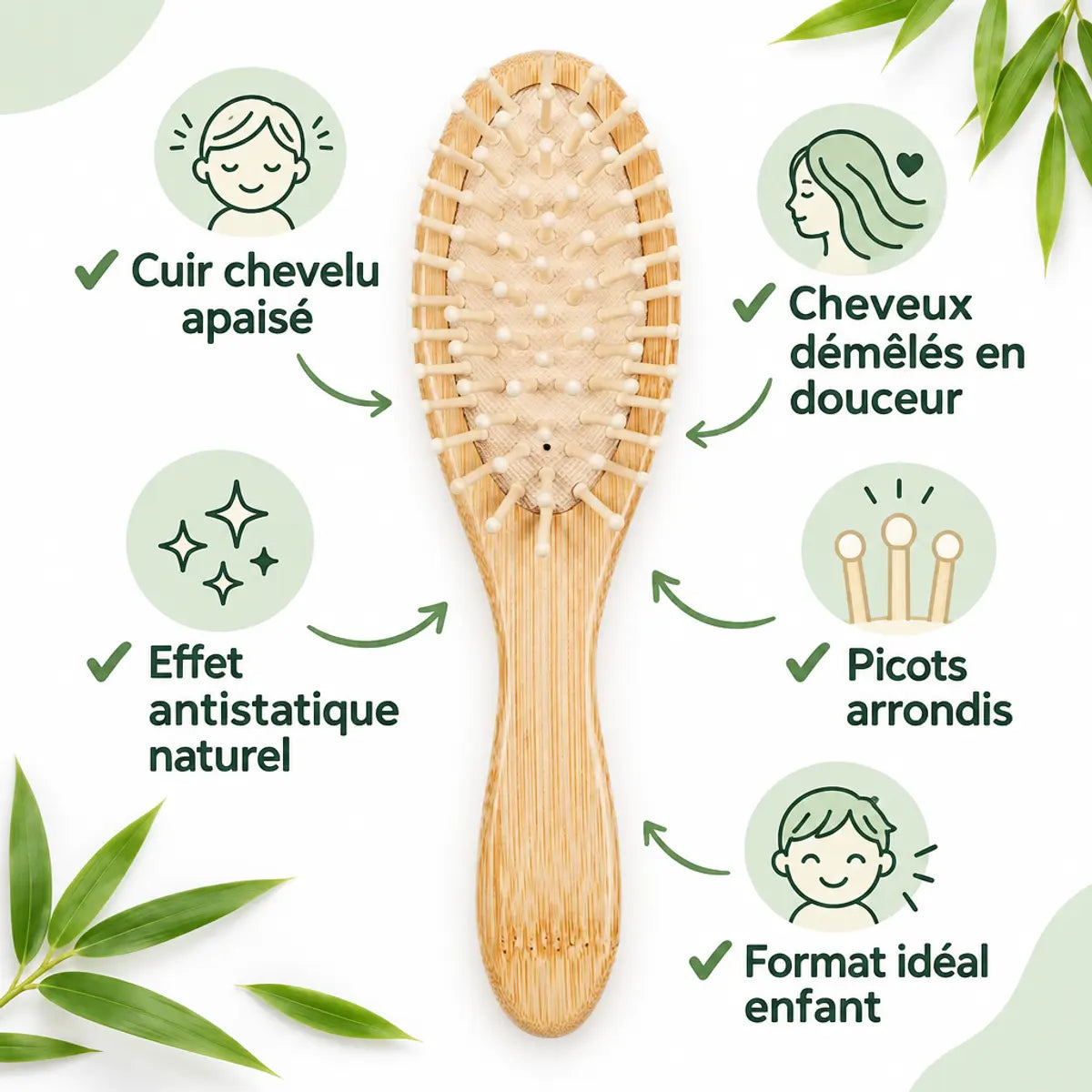 Brosse bambou antistatique Cap Bambou pour enfant avec bénéfices : cuir chevelu apaisé, démêlage doux, picots arrondis