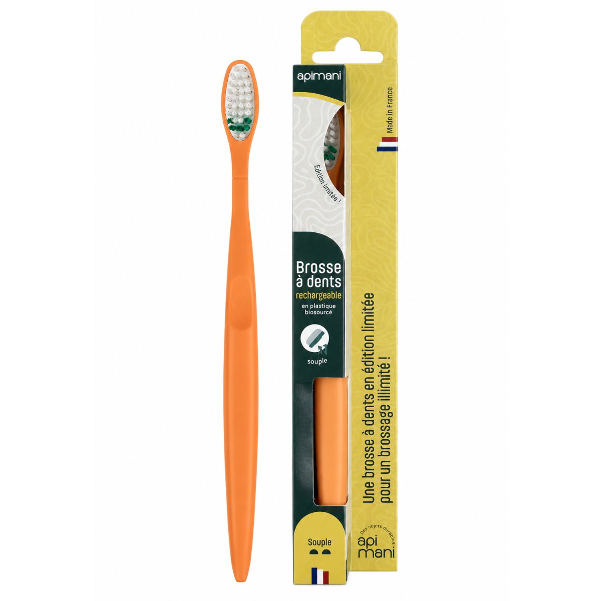Une brosse à dents souple en bioplastique de la marque Apimani