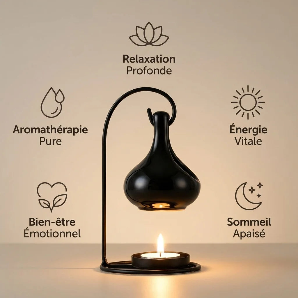 Brûle parfum noir en céramique suspendu avec bougies et icônes bien-être pour aromathérapie