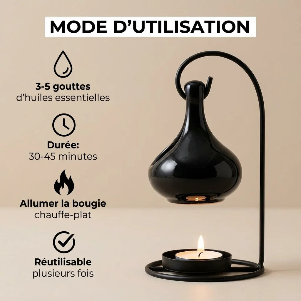 Brûle parfum suspendu noir avec guide d'utilisation aromathérapie et bougie chauffe-plat