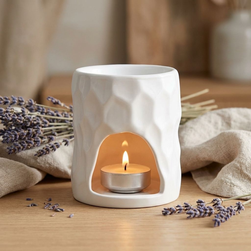 Brûle parfum céramique blanche sculptée avec bougie et lavande séchée