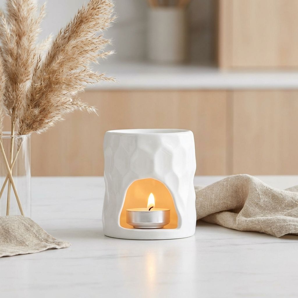 Brûle parfum céramique blanche sculptée avec bougie allumée sur marbre