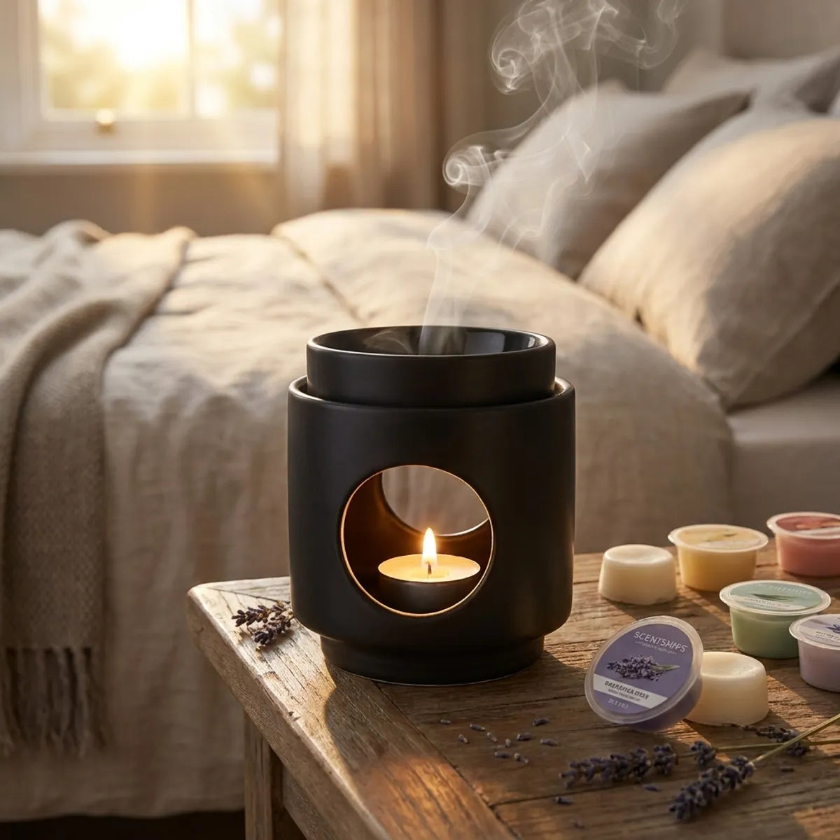Brûle-parfum Scentships dôme noir en céramique avec bougie allumée et cire parfumée lavande