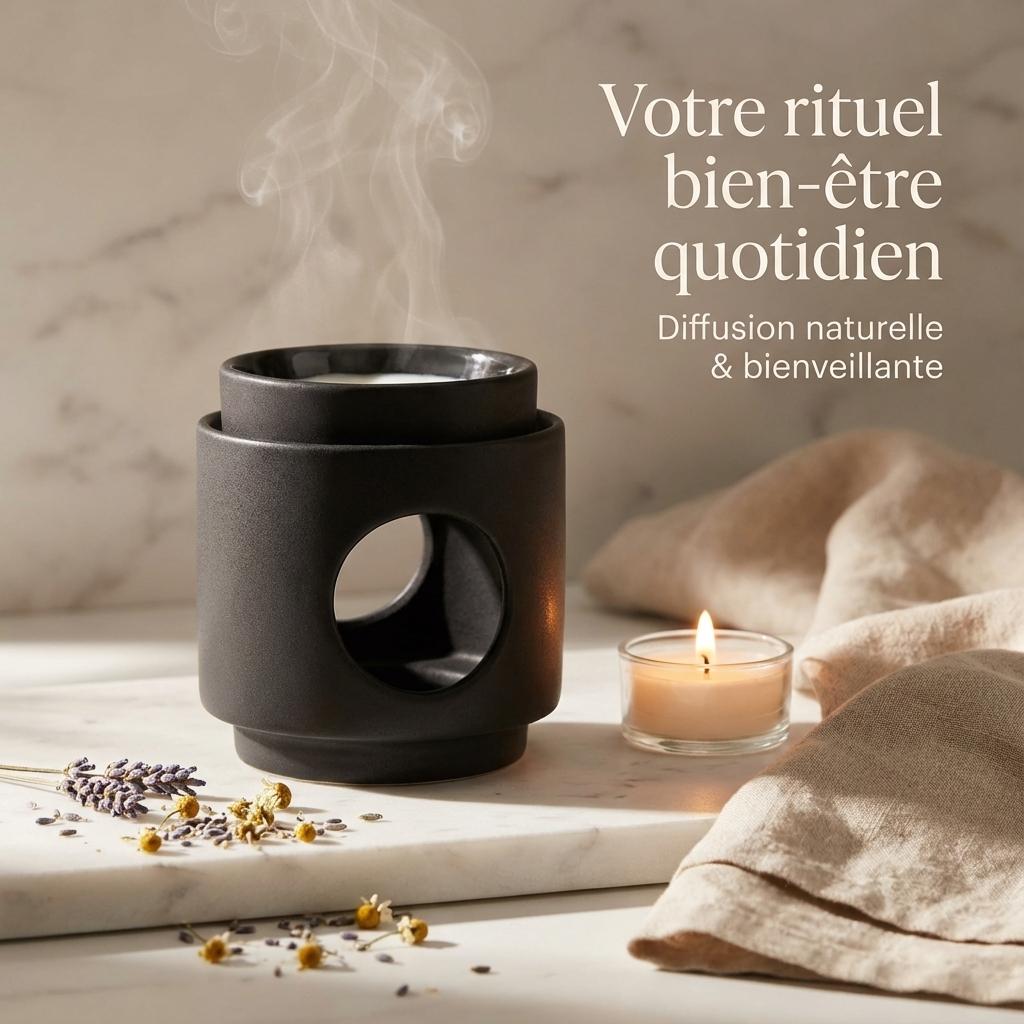 Brûle-parfum dôme noir Scentships avec bougie allumée et fleurs séchées sur marbre blanc