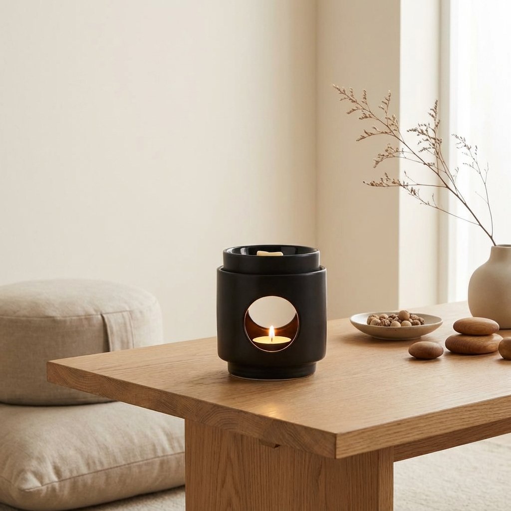 Brûle-parfum dôme noir Scentships avec cire parfumée dans décor minimaliste wellness