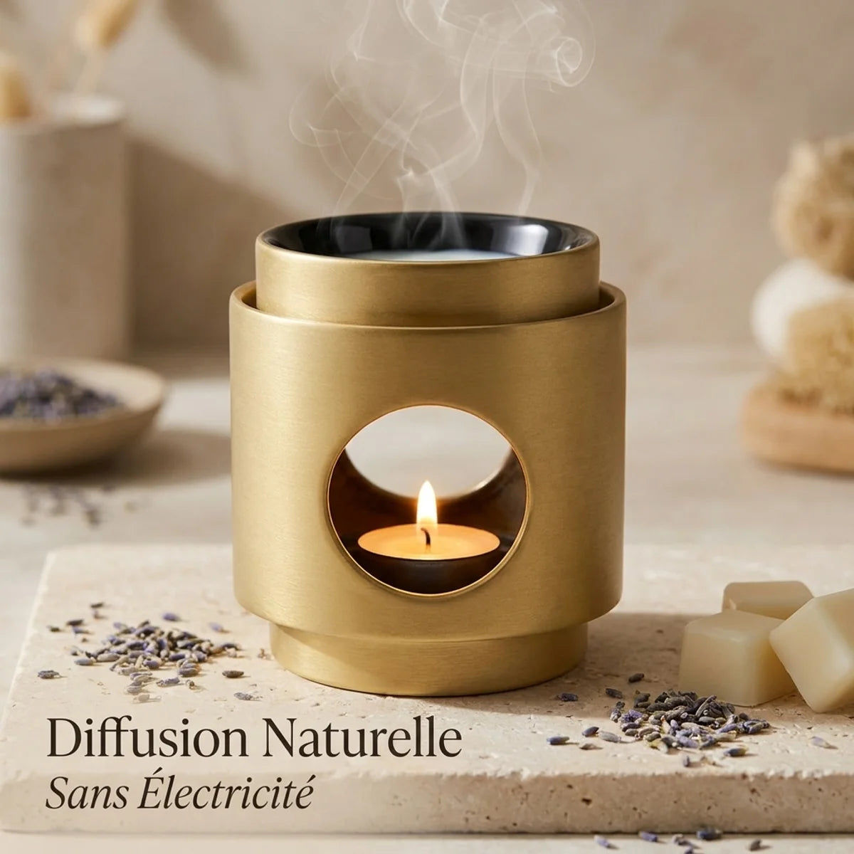 Brûle-parfum Dôme Scentships en céramique noir avec bougie allumée et lavande séchée