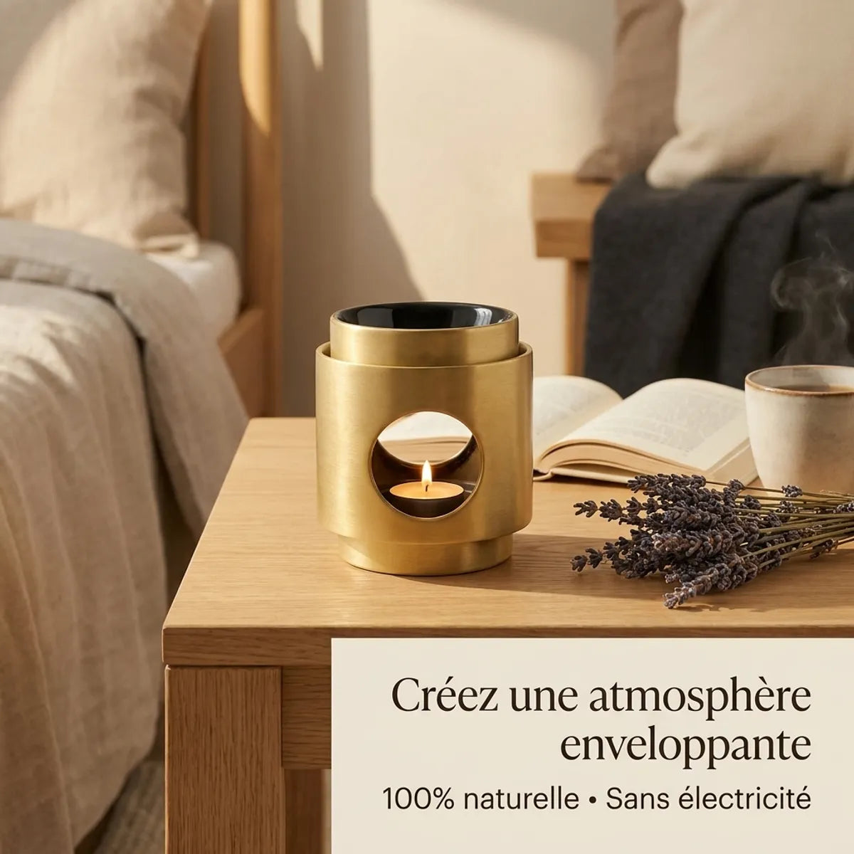 Brûle-parfum Dôme noir Scentships avec cire parfumée naturelle et bougie chauffe-plat allumée