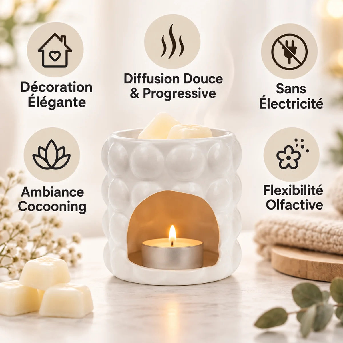 Brûle Parfum Scentchips Bubble Blanc avec bénéfices: décoration élégante, diffusion douce, sans électricité