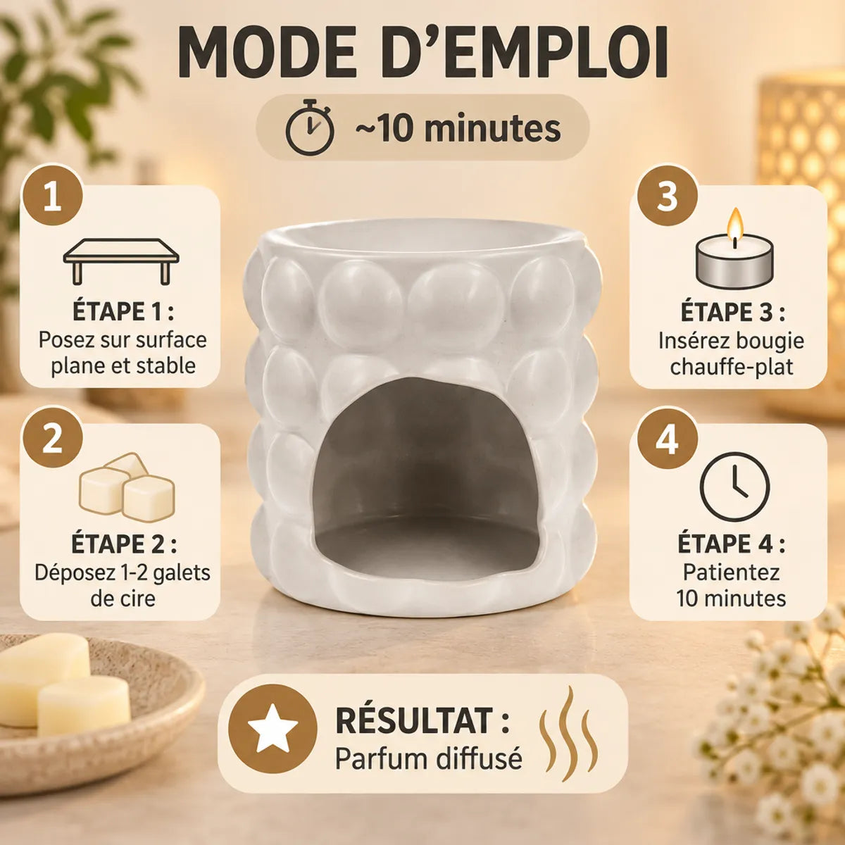 Brûle parfum Bubble blanc Scentchips avec mode d'emploi diffusion cire parfumée en 4 étapes