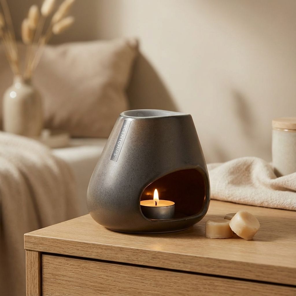 Brûle parfum Scentchips Bulb bronze avec cire parfumée et bougie allumée