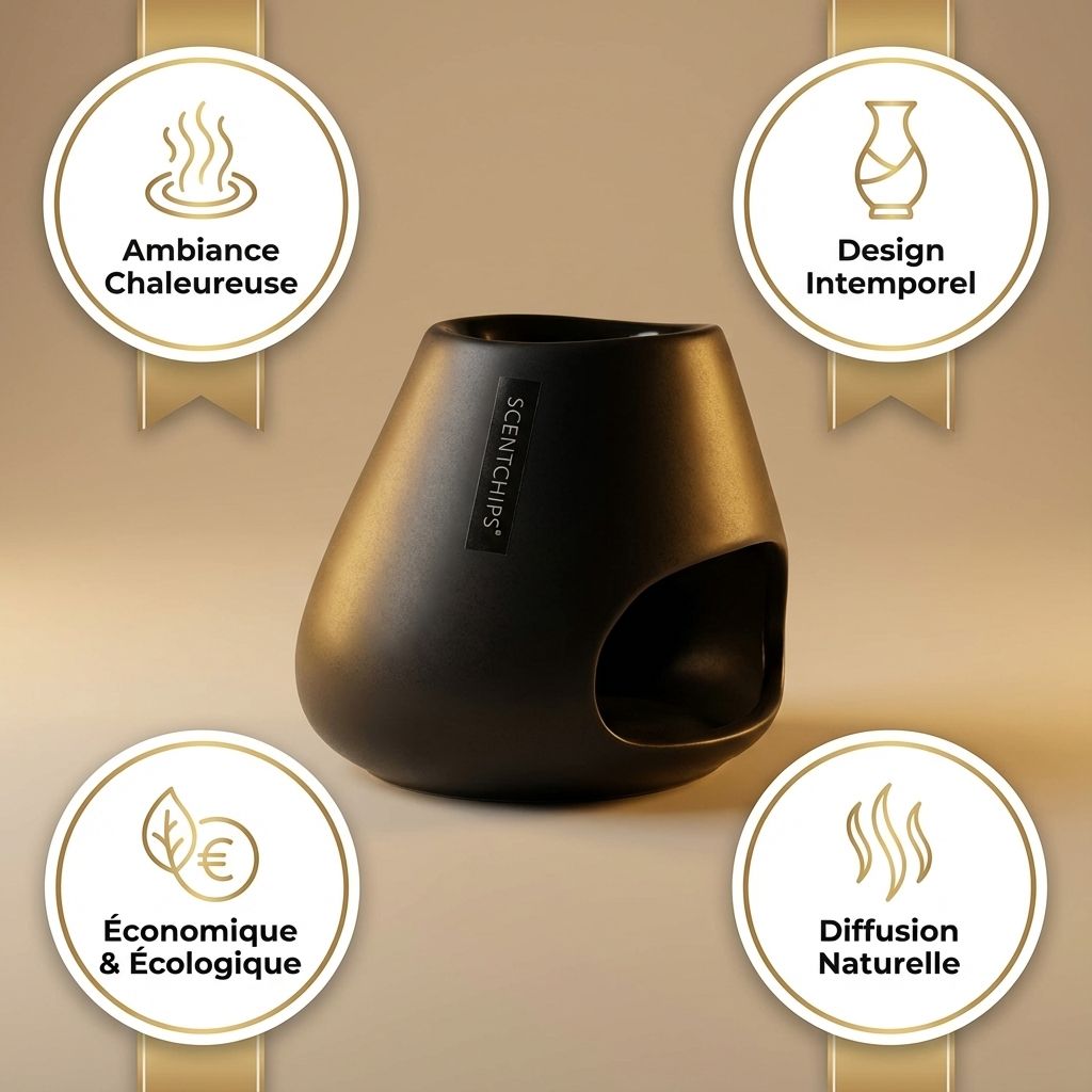 Brûle parfum Scentchips Bulb noir avec icônes bénéfices - Design intemporel et diffusion naturelle de cire parfumée