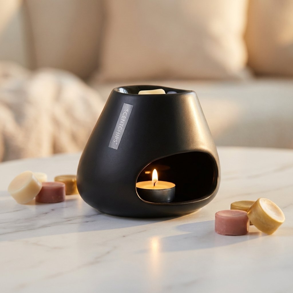 Brûle parfum Scentchips Bulb noir avec cire parfumée et bougie chauffe-plat sur marbre blanc