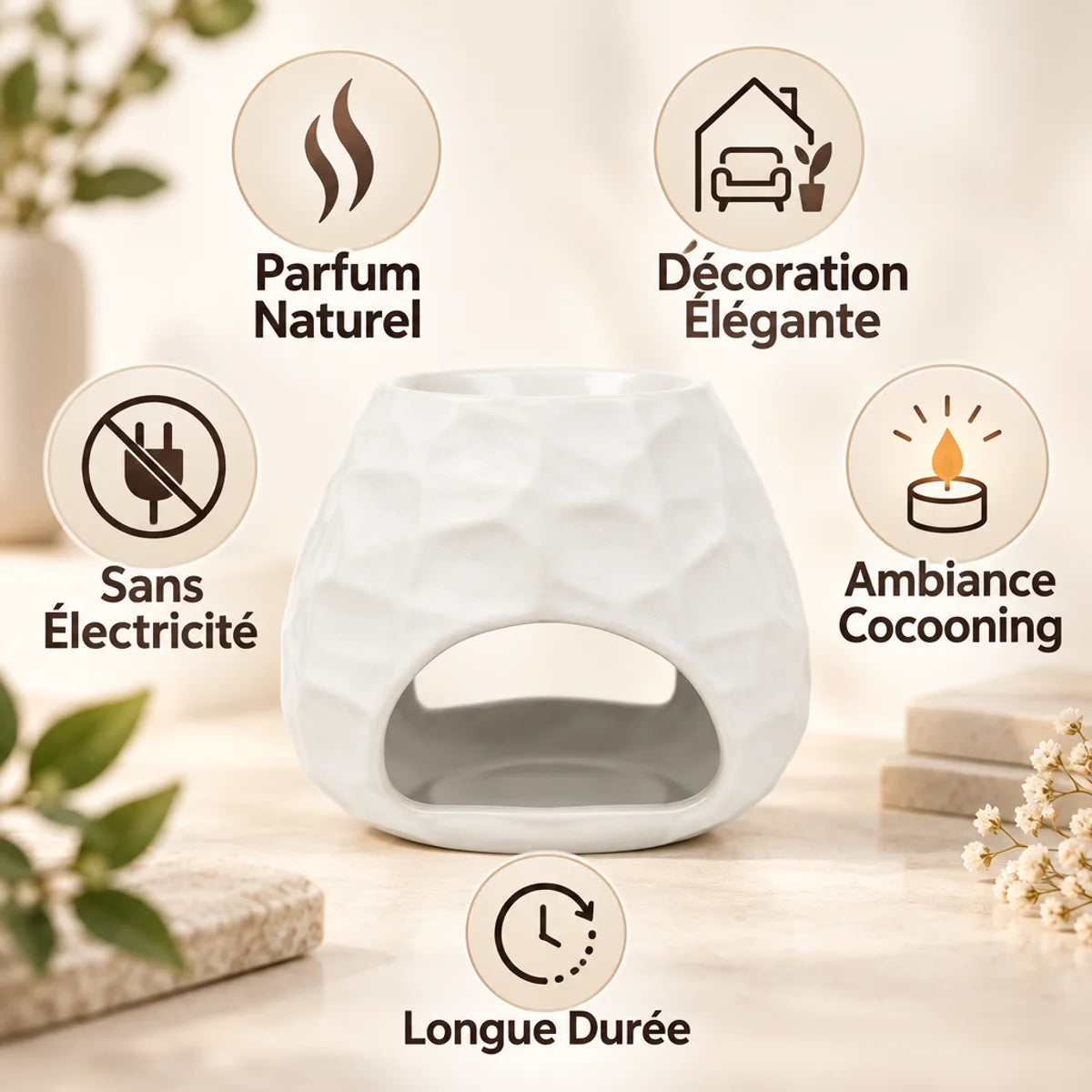 Brûle parfum céramique Scentchips Chiselled Blanc avec icônes bénéfices et ambiance cocooning