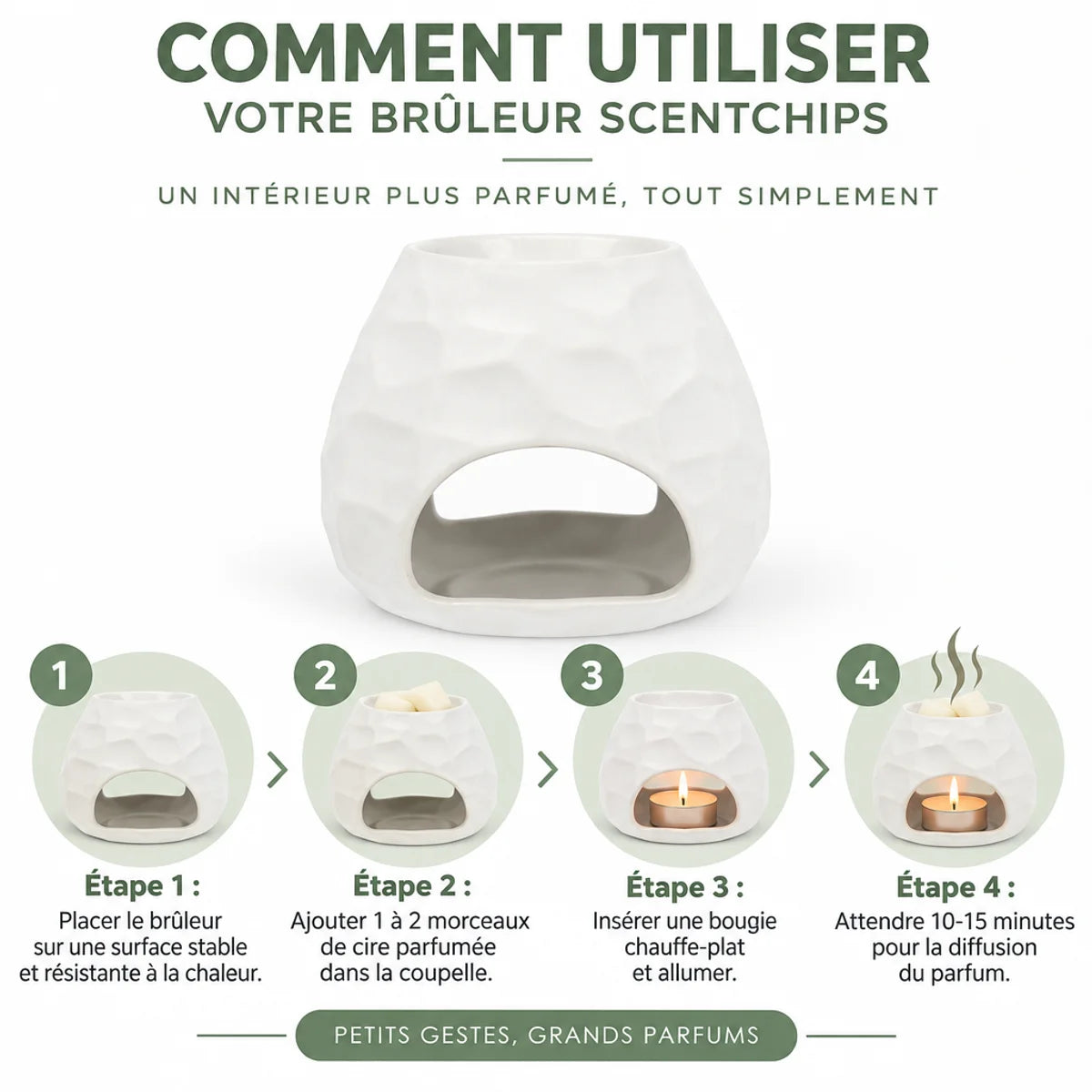 Brûleur cire Scentchips Chiselled Blanc avec guide d'utilisation 4 étapes pour diffuser parfum