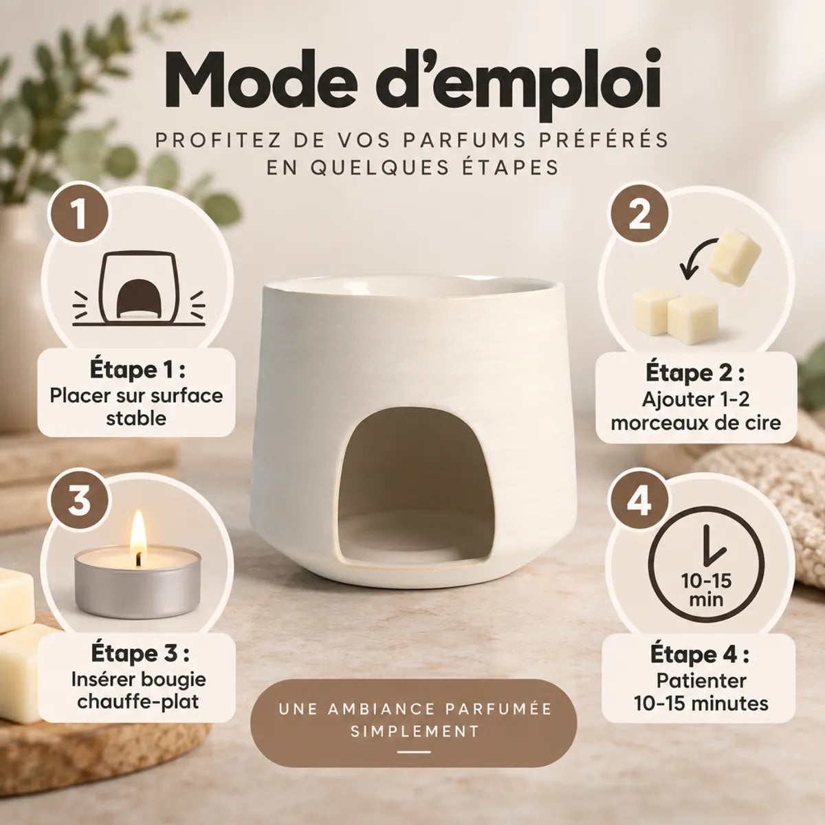 Brûle parfum Hive Low Blanc avec guide d'utilisation 4 étapes pour cire parfumée
