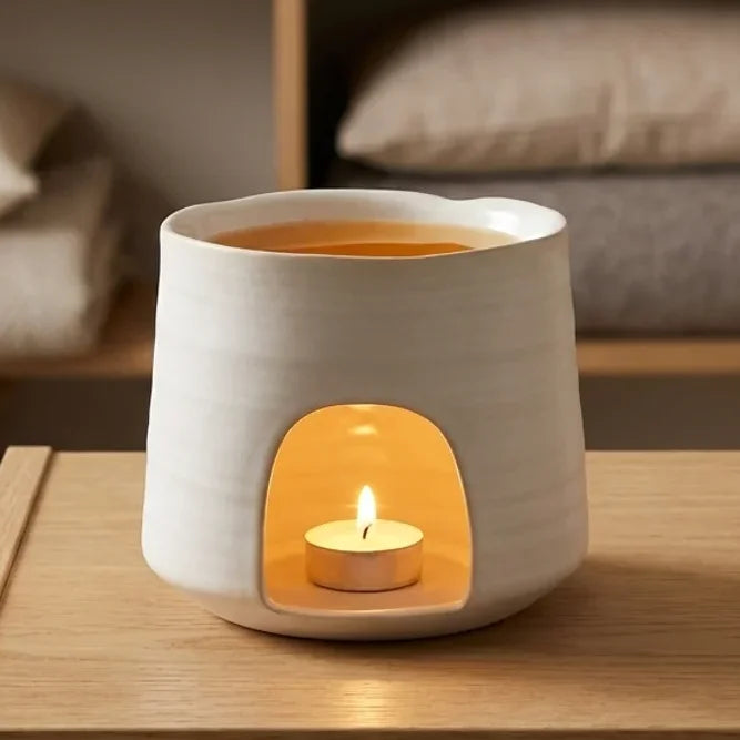 Brûle parfum Hive Low blanc avec cire parfumée Scentchips allumé sur étagère bois