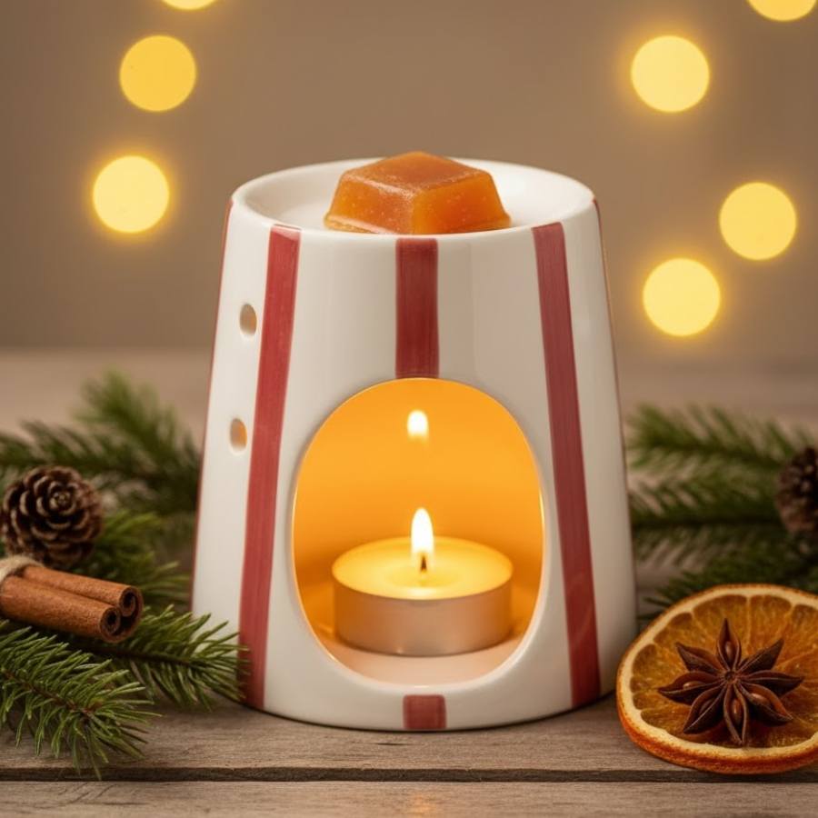 Un Brûle Parfum Stripes Red de Scentchips avec un carré fondant sur le dessus et une bougie chauffe plat allumée à l'intérieur