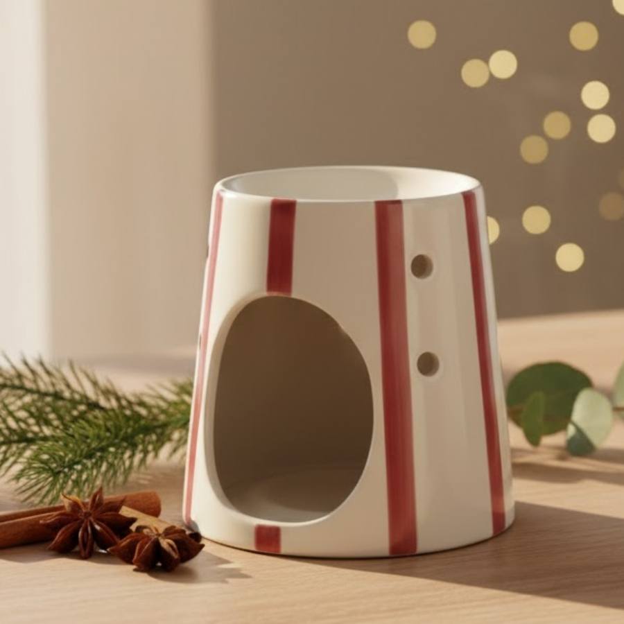 Un Brûle Parfum pour cire parfumée de Stripes Red de la marque Scentchips sur une table en bois